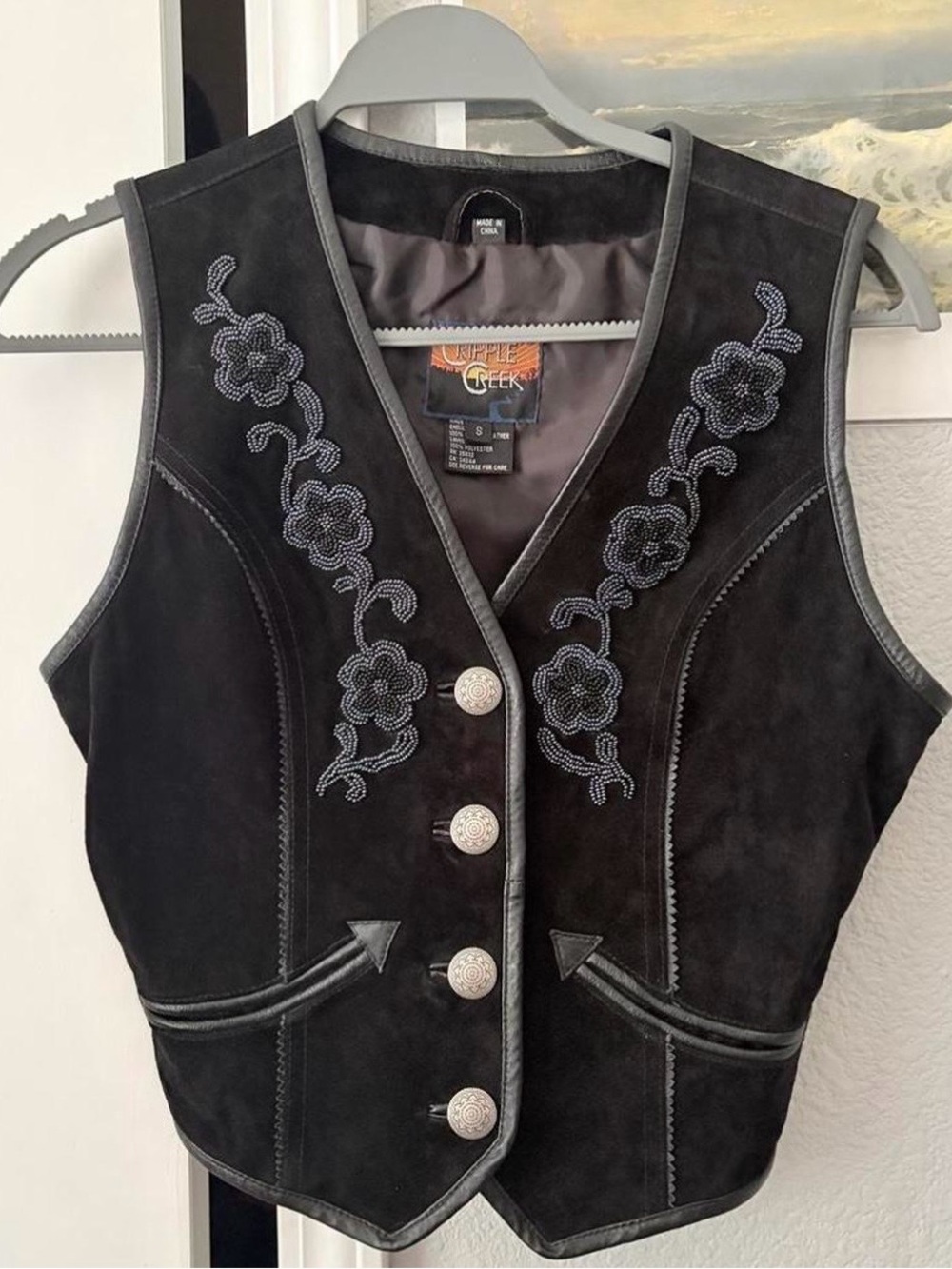 Cripple Creek Leather Suede floral beaded vest silver concho buttons RTL $395 S
